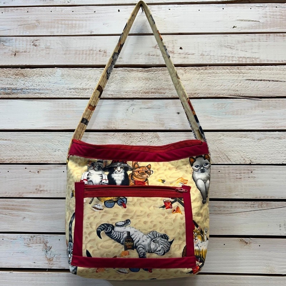 Vintage Cat Print Quilted Shoulder Bag Tote Purse Red Kittens Fabric